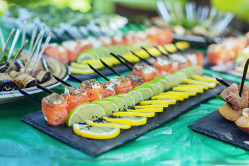 Snacks with salmon and cheese. The concept of food and catering.