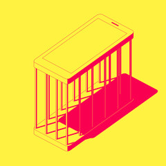 The cage made of smartphone on yellow background. Mobile phone addiction concept illustration.