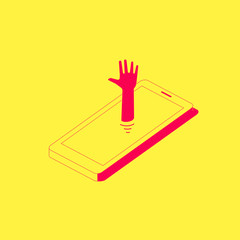 Human hand sticking out the phone. Smartphone addiction concept illustration.