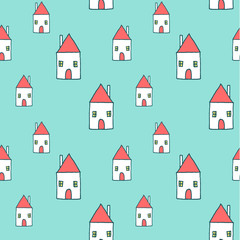 Seamless pattern - Cute city or village with red roof houses - vector hand drawn illustration. Cozy sweet home for a family, sketched minimalistic style building