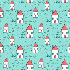 Seamless pattern - Cute city or village with red roof houses - vector hand drawn illustration. Cozy sweet home for a family, sketched minimalistic style building