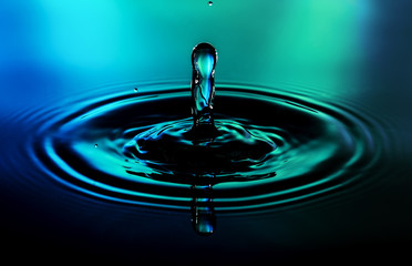 Water drop and ripples shot on nice blue green turquoise background.