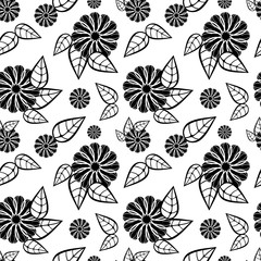 Black and white seamless floral pattern. Vector clip art.