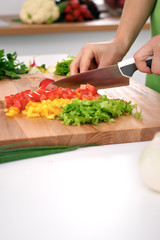 Close up of  woman's hands cooking in the kitchen. Housewife slicing ​​fresh salad. Vegetarian and healthily cooking concept