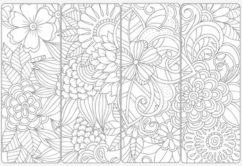 Vector set of monochrome bookmarks .Floral doodling for coloring