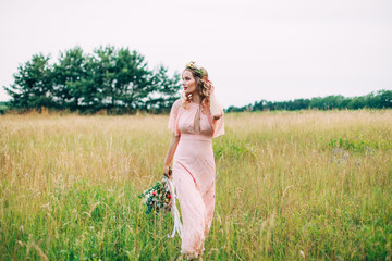 Carefree Adorable Girl With Bouquet In Nature