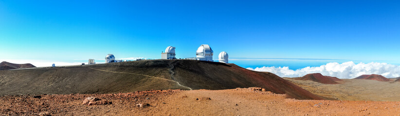 XXL Panorama of astronomical observatories at the summit of Mauna Kea, a dormant volcano on the island of Hawaii and at 4207 meters above sea level the highest mountain in the state of Hawaii, USA. © Juergen Wallstabe