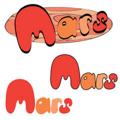 Red planet Mars in the space with stars and shuttles. Hand drawn illustration.
