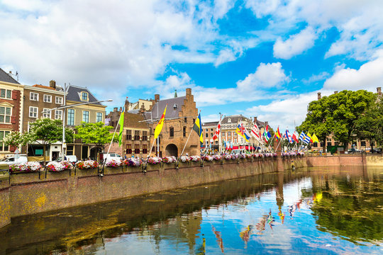 Lake Hofvijver with flags in Hague