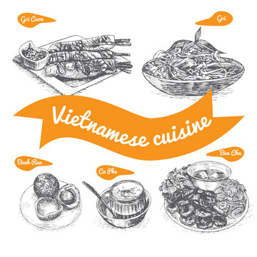Monochrome vector illustration of Vietnamese cuisine.