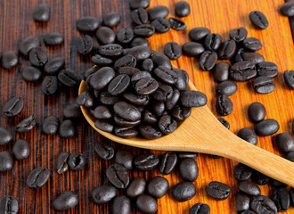 coffee beans in spoons on wooden.