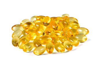 Cod liver oil omega 3 gel capsules isolated on white background