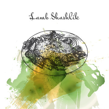 Lamb Shashlik watercolor effect illustration.