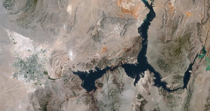 Aerial time lapse of Las Vegas' growth and Lake Mead's decline. Two time lapse versions in clip: 8-second/4-second. 4-second head/tail pad on each version.