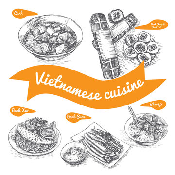 Monochrome vector illustration of Vietnamese cuisine