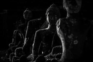Fototapeta na wymiar Ancienne statue bouddhiste, tête de Bouddha, relique et vestige bouddhistes, Wat Umong, Chiang Mai, Thailande