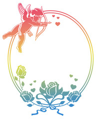 Cupid with bow hunting for hearts. Color gradient frame with Cupid, roses and hearts. Copy space. Raster clip art.