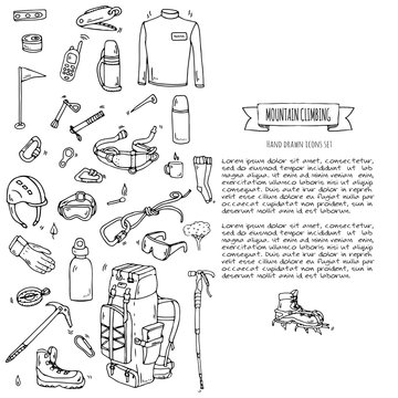 Hand drawn doodle Mountain Climbing icons set. Vector illustration. Mountaineering equipment collection. Cartoon sketch elements for trekking, hiking, tourism, expedition, camping, outdoor recreation.