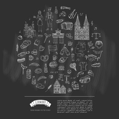 Hand drawn doodle set of Germany icons. Vector illustration set. Cartoon German landmark. Sketchy Europe travel elements collection: Sausage, Beer, Wheat bread, football, tennis, classic music, castle