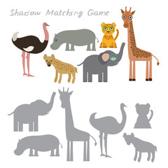 Ostrich elephant giraffe hippopotamus hyena leopard isolated on white background, Shadow Matching Game for Preschool Children. Find the correct shadow. Vector
