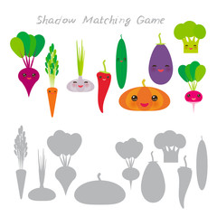 beets broccoli carrots chili cucumber garlic pumpkin radish eggplant isolated on white background, Shadow Matching Game for Preschool Children. Find the correct shadow. Vector