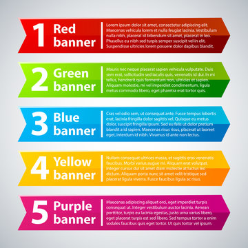 5 colorful banners with numbers and text.