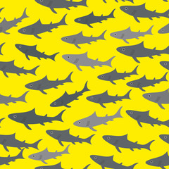 Seamless pattern with gray sharks  on bright yellow background. Vector