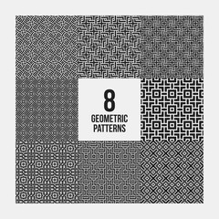 Set of 8 complex monochrome geometric patterns. Seamless backgrounds, useful for textile design.