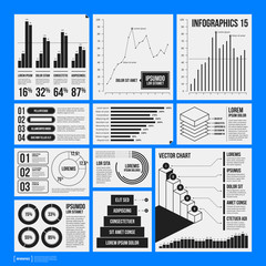 Big set of infographics elements in black and white colors on blue background. Monochrome design. Minimalistic style. - 132482514