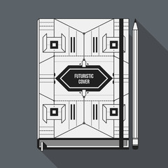Book cover design template. Notebook mockup. Geometric futuristic elements.