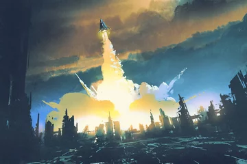 Keuken spatwand met foto rocket launch take off from an abandoned city,sci-fi concept,illustration painting © grandfailure