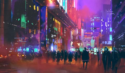 Foto auf Acrylglas Leute, die nachts in der Science-Fiction-Stadt mit buntem Licht spazieren gehen, Illustrationsmalerei © grandfailure