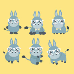 Vector set cute donkey in cartoon style. Collection isolated funny donkey in different pose.
