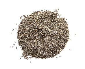 Organic dry chia seeds isolated on a white background. Nutritious chia seeds background. Top view on chia seeds.
