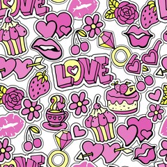 Seamless pattern with patch badges, doodle stickers, pins, in cartoon 80s-90s comic style.