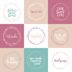 Valentines Day vector wreath greeting card set. Romantic floral design for your inspiration. Violet, beige and turquoise hand drawn lettering about love and motivation. Illustration collection.