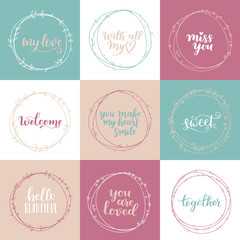 Valentines Day vector wreath greeting card set. Romantic floral design for your inspiration. Violet, beige and turquoise hand drawn lettering about love and motivation. Illustration collection.
