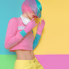 Minimal fashion Pop Art. Vanilla color. Playful girl DJ. Doll st