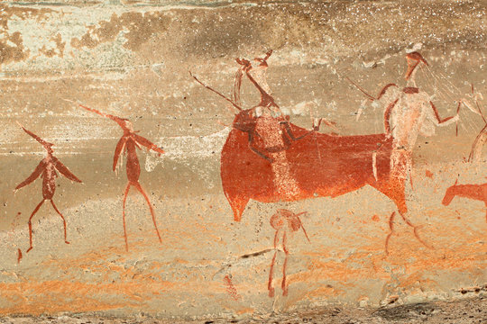 Bushmen (san) rock painting of humans and antelopes, Drakensberg mountains, South Africa.