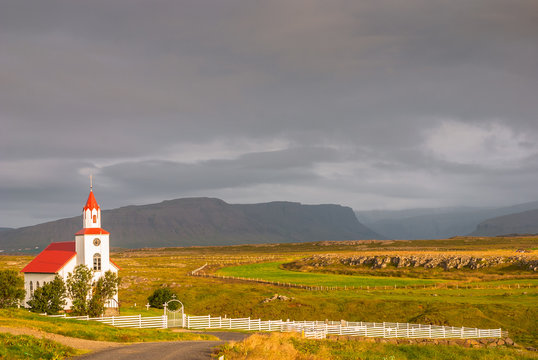 Church near Helgafell Snaefellsnes Peninsula near Stykkisholmur, Iceland.