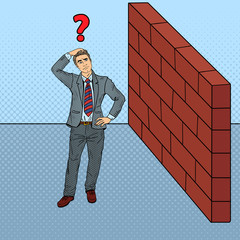 Pop Art Doubtful Businessman Standing in Front of a Brick Wall. Vector illustration