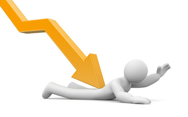 The 3d man lying on the ground pinned down arrow. 3d illustratio