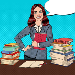 Pop Art Young Happy Woman with Book Standing in Front of Library Table. Vector illustration