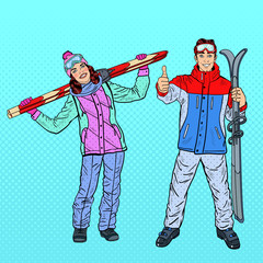 Pop Art Happy Woman and Man with Ski on Winter Holidays. Vector illustration