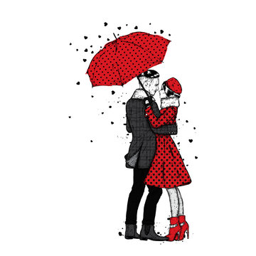 Loving couple under an umbrella. Beautiful guy and the girl in fashionable clothes. Vector illustration for a card or poster. Fashion & Style.