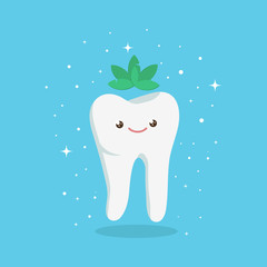 Tooth with mint. Clean and shiny tooth. Dental vector illustration. Happy tooth illustration for stomatology clinic and advertisement.