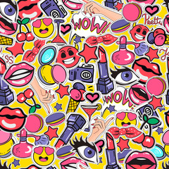 Seamless colorful background with fashion patch badges with lipstick, smileyl, eyes and other elements. Vector pattern with stickers, pins, patches in cartoon 80s-90s comic cartoon style.