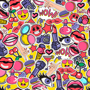 Seamless colorful background with fashion patch badges with lipstick, smileyl, eyes and other elements. Vector pattern with stickers, pins, patches in cartoon 80s-90s comic cartoon style.