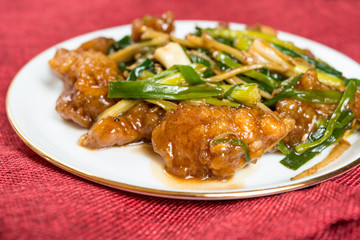 wok fried chicken stir fry with sweet peppers and chinese vegeta