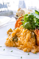Tasty risotto with Shrimp, fresh herbs vegetables on a white pla